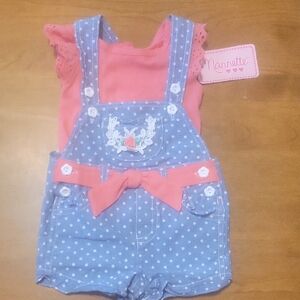 Nannette Blue Polka Dot Overalls with Pink Accents and Pink T-shirt 6-9 Months